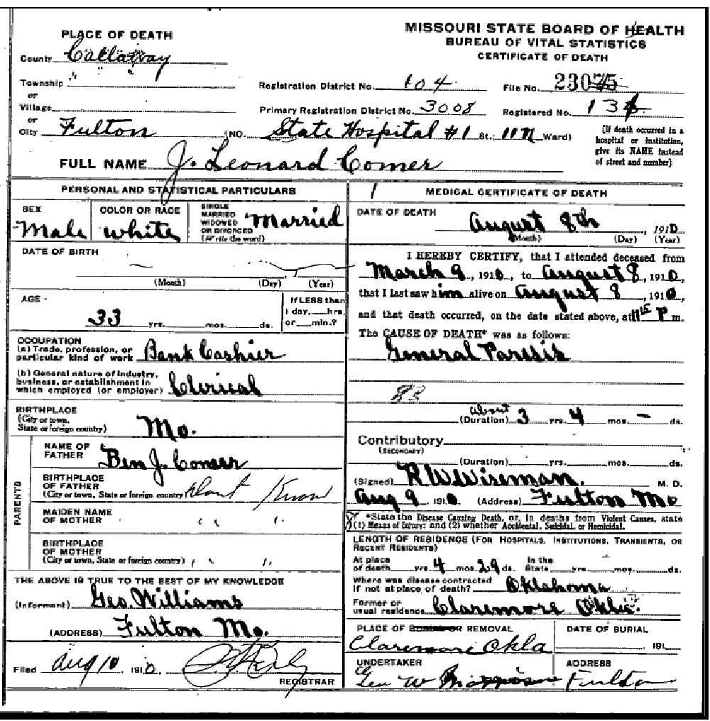 Death certificate of Comer, John Lenard