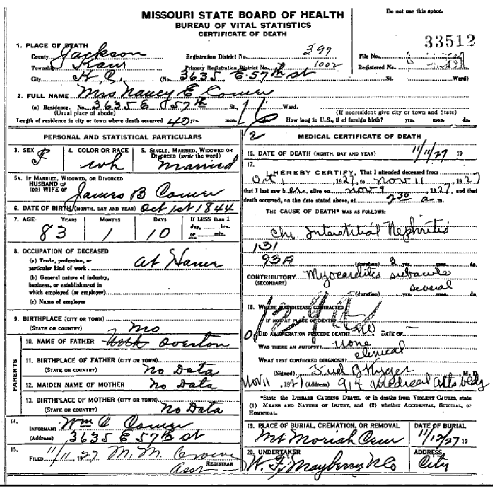 Death certificate of Comer, Nancy Emeline Overton
