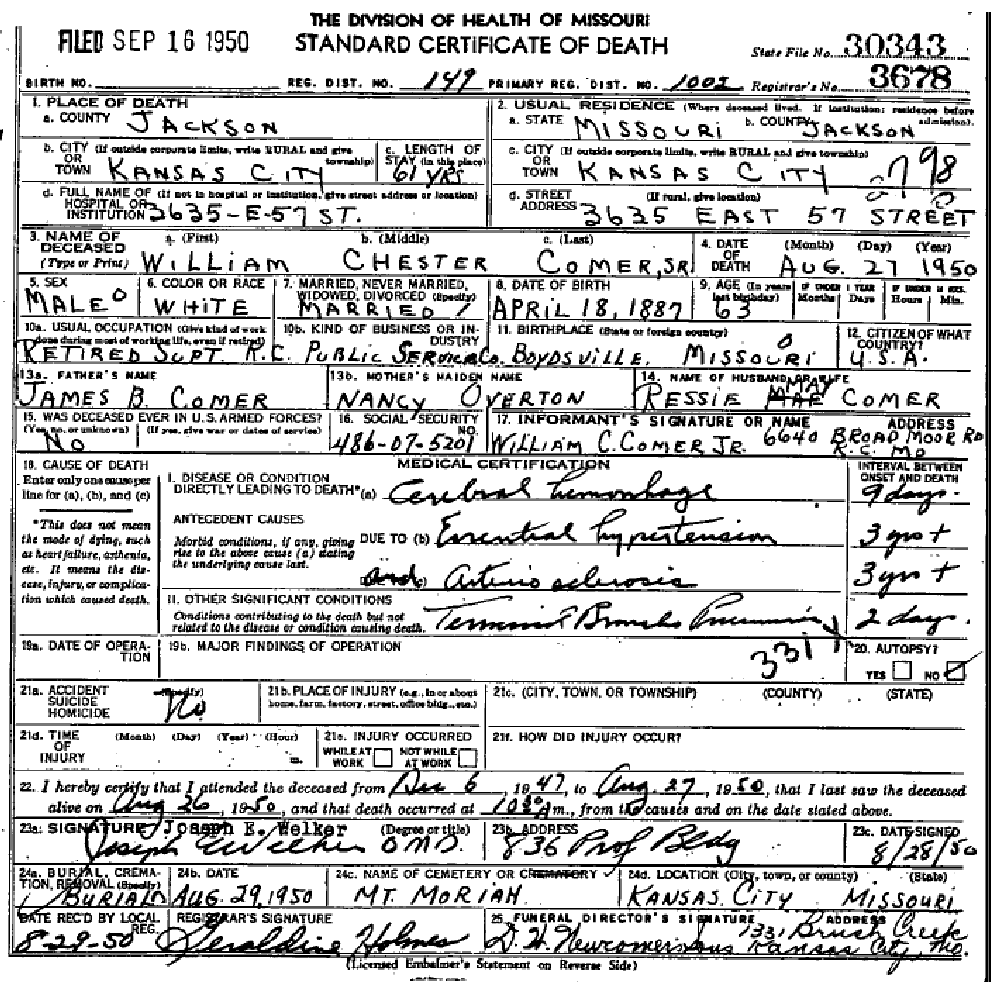 Death certificate of Comer, William Chester Sr.
