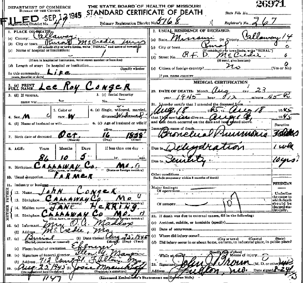 Death certificate of Conger, Lee Roy
