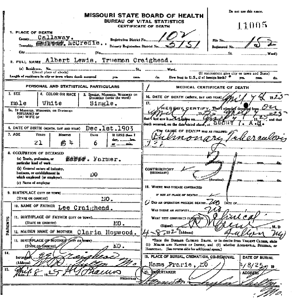 Death certificate of Craighead, Albert L.T.