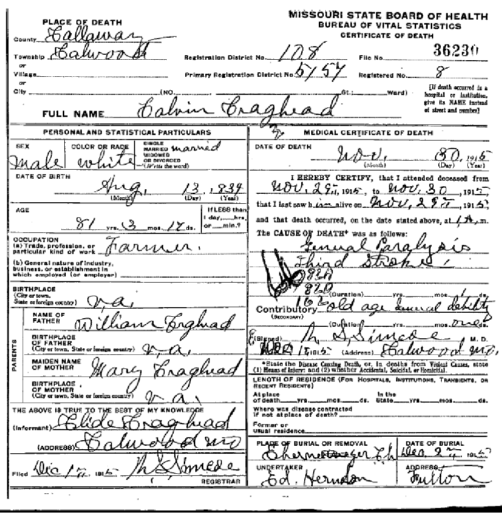 Death certificate of Craighead, Cal