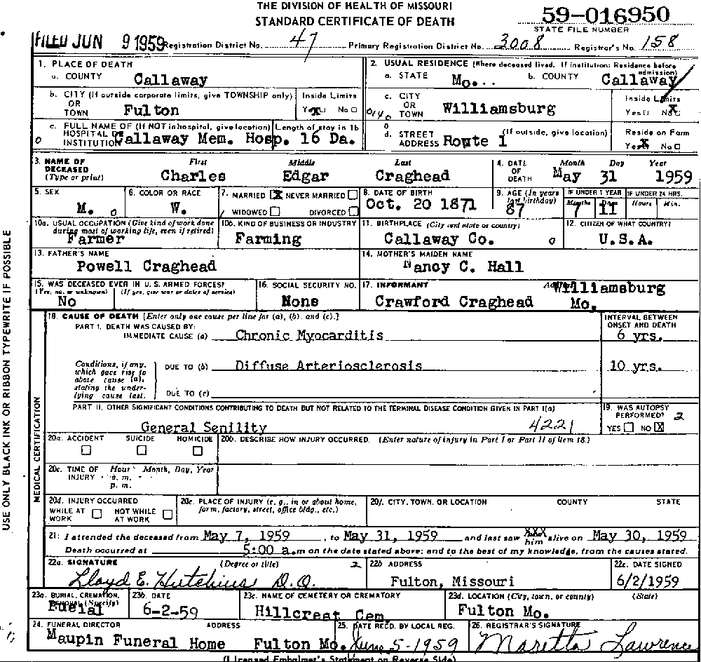 Death Certificate of Craghead, Charles Edward