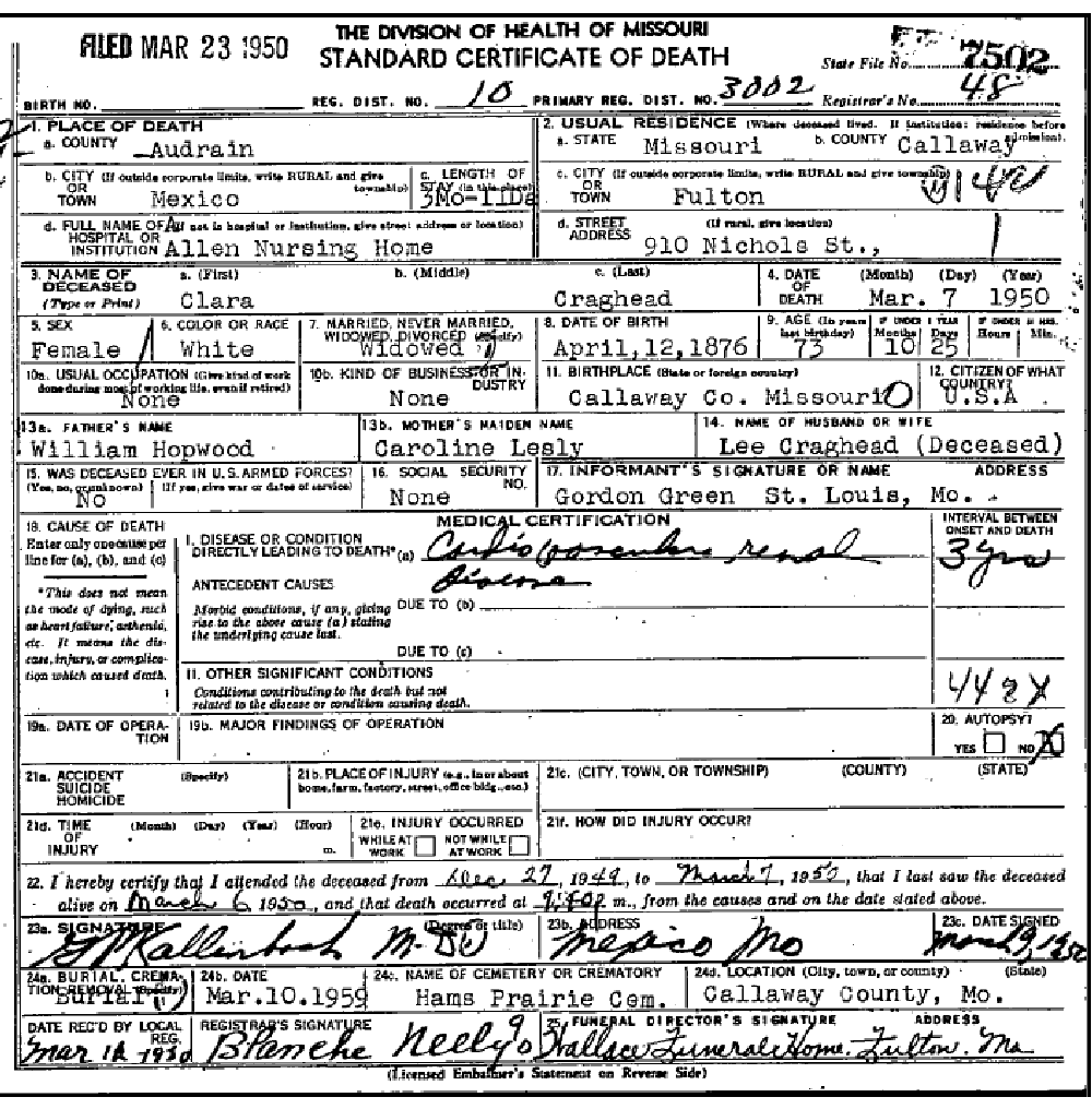 Death certificate of Craghead, Clara P. Hopwood