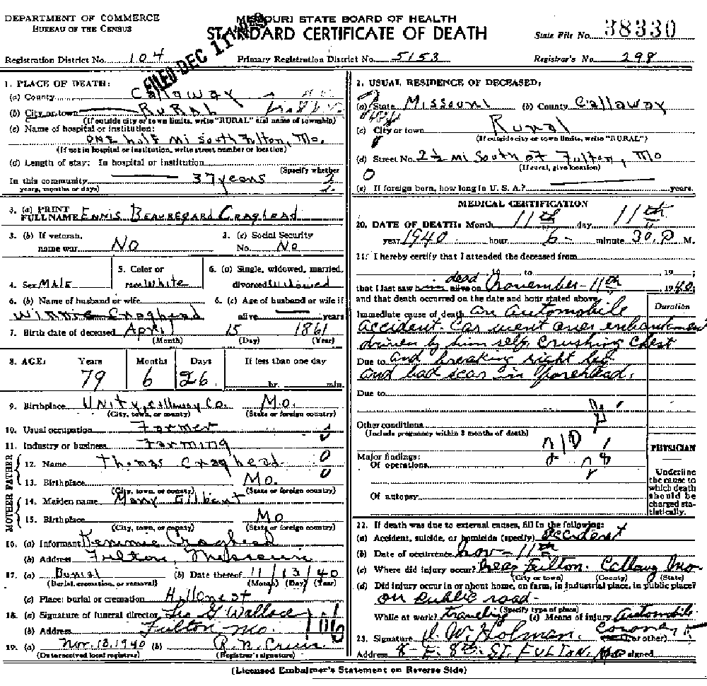 Death Certificate of Craghead, Ennis Beauregard