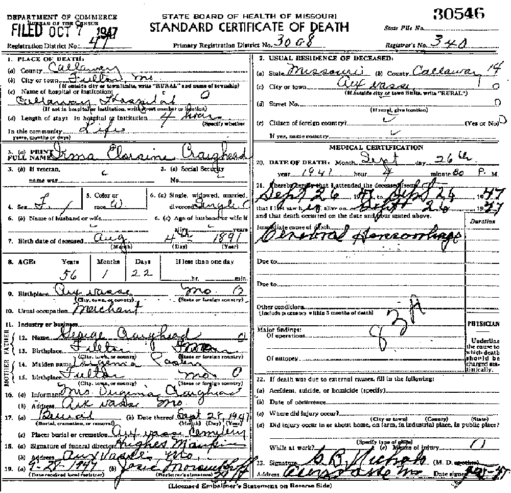 Death Certificate of Craghead, Irma Eloraine
