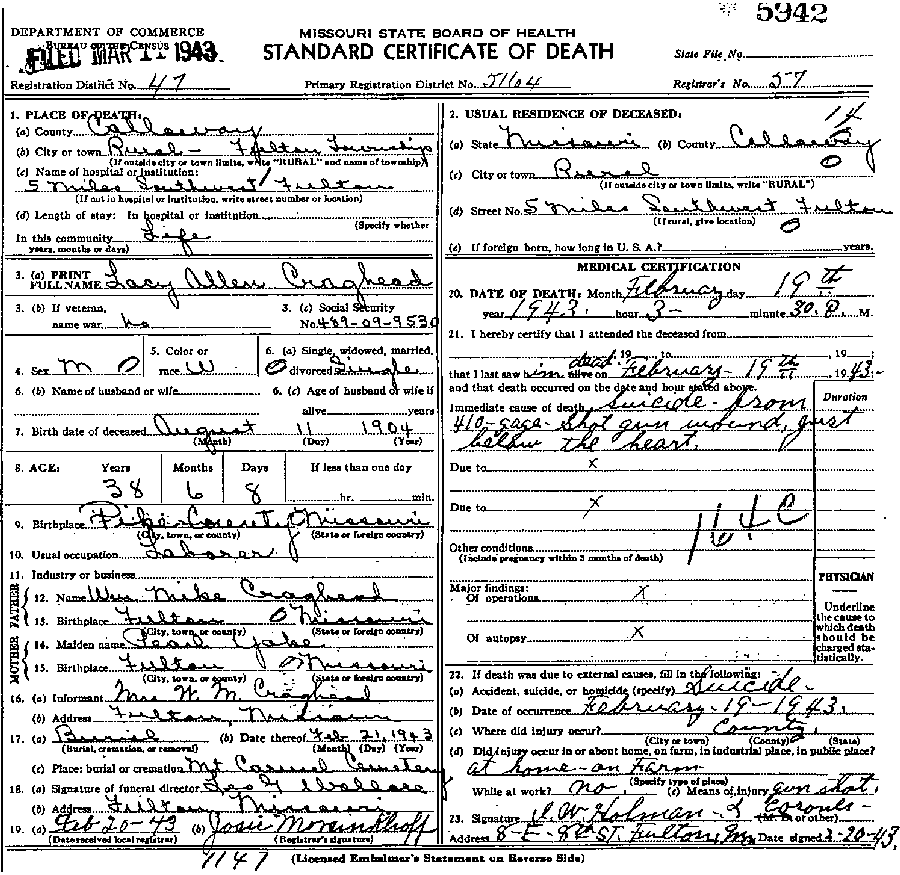 Death Certificate of Craghead, Lacy Allen