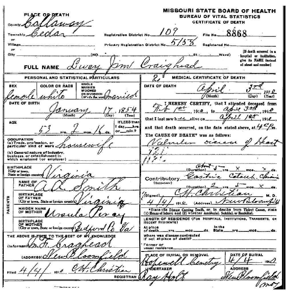 Death certificate of Craighead, Lucy J. Smith