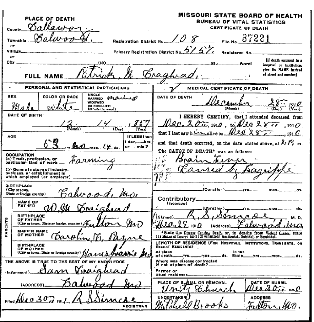 Death certificate of Craghead, Patrick N.