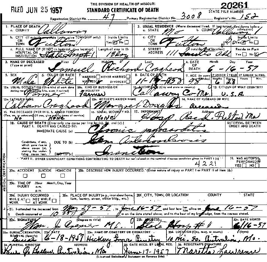 Death Certificate of Craghead, Samuel Richard