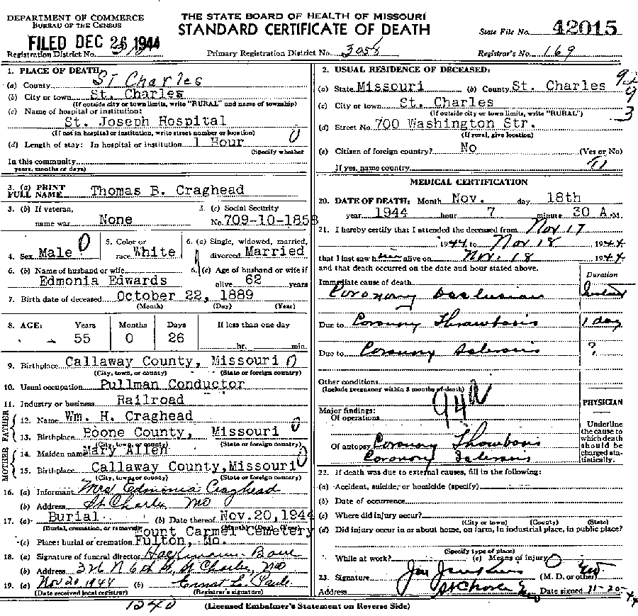 Death Certificate of Craghead, Thomas Benjamin