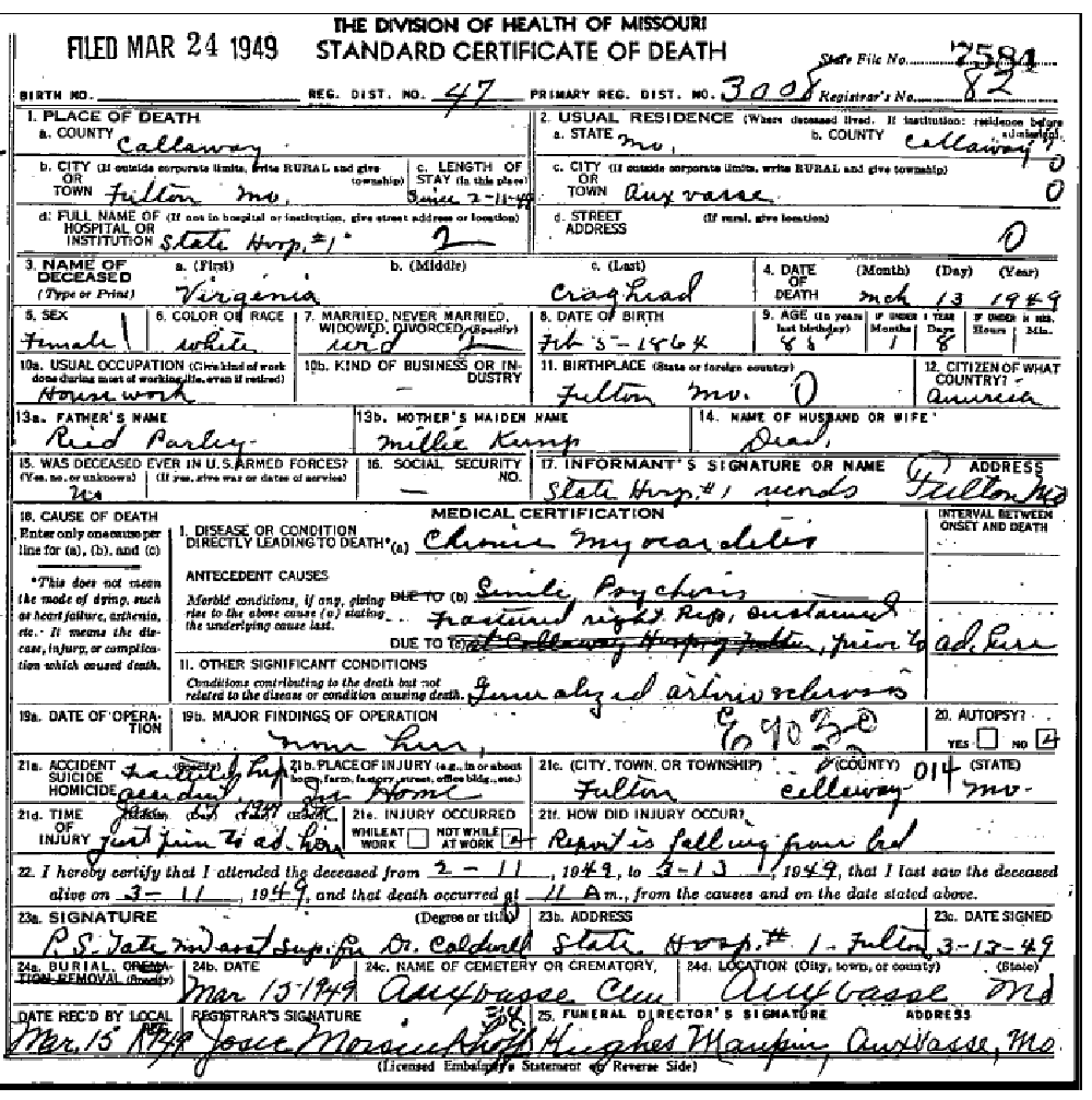 Death certificate of Craghead, Virginia Lee Pasley