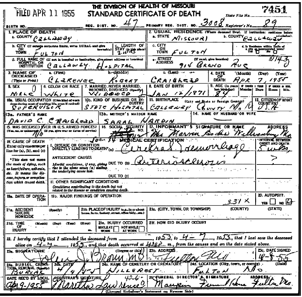 Death certificate of Craighead, Clarence Robert