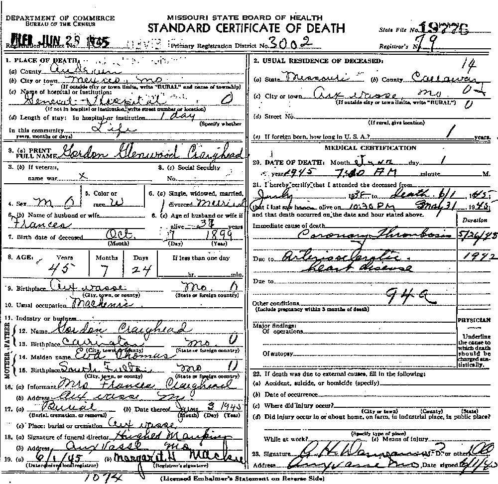 Death Certificate of Craighead, Gordon Glenwood