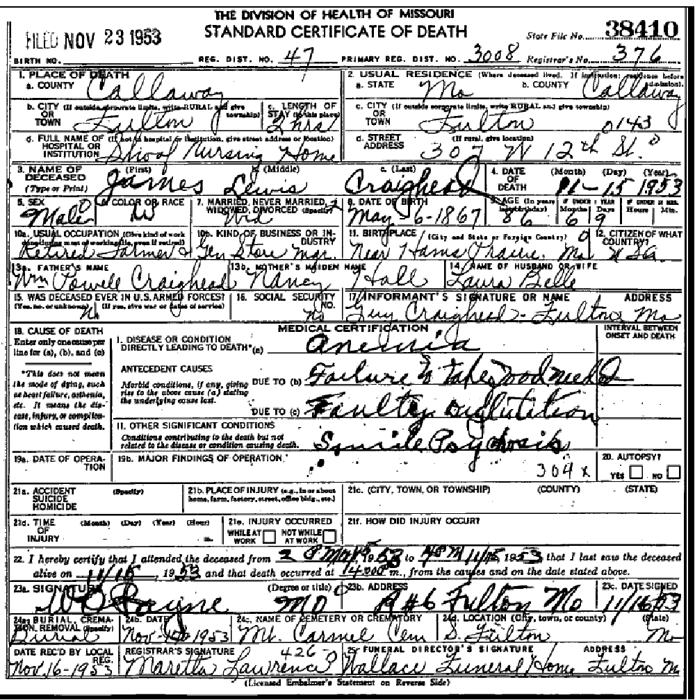 Death certificate of Craighead, James Lewis