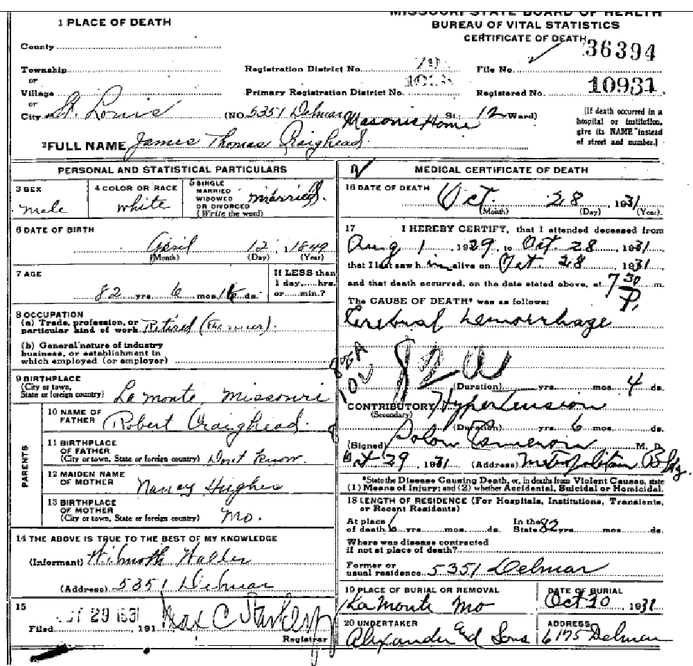 Death certificate of Craighead, James Thomas