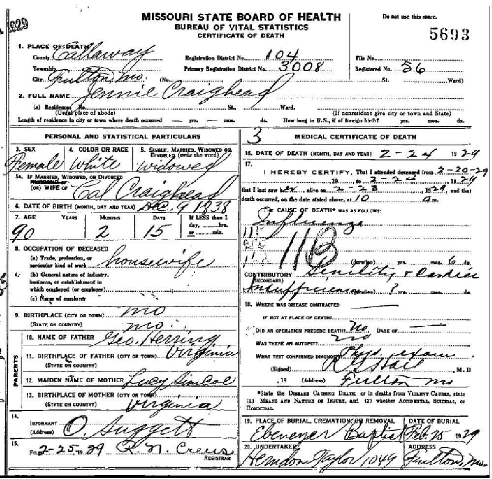 Death certificate of Craighead, Jane Francis Herring
