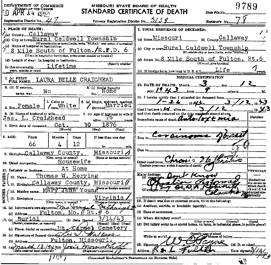 Death Certificate of Craighead, Laura Belle Herring