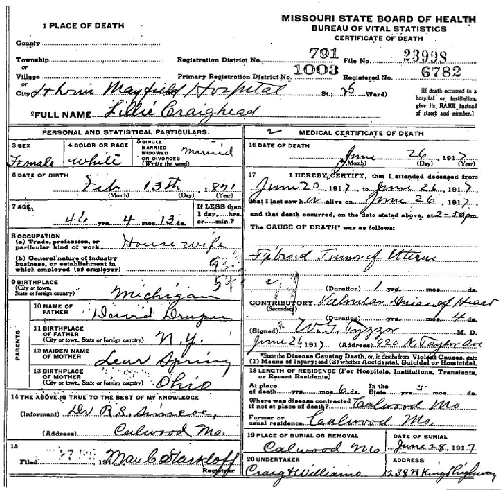 Death certificate of Craighead, Lillie A. Draper