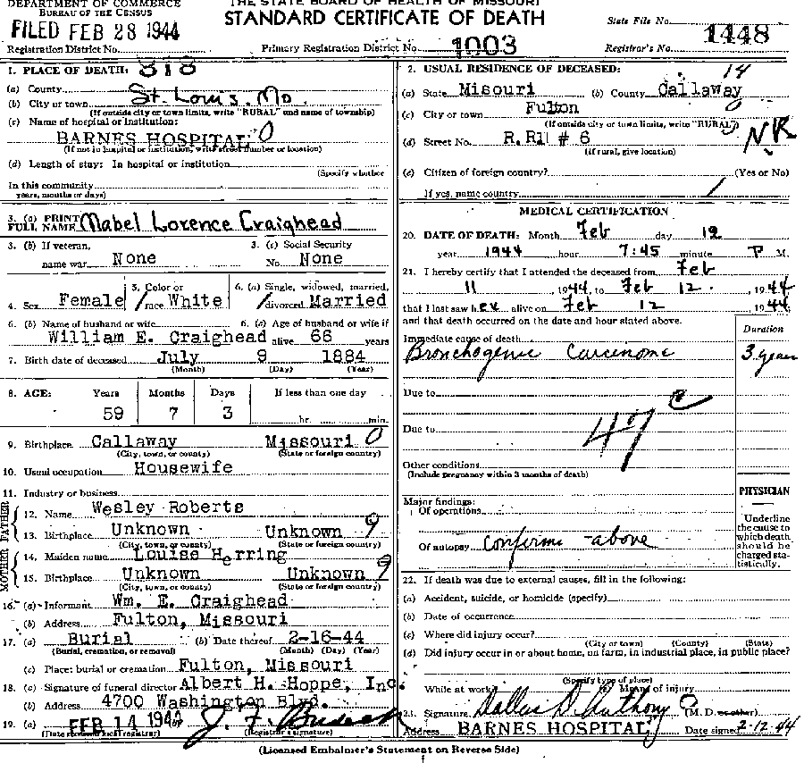 Death Certificate of Craighead, Maybell Florence Roberts