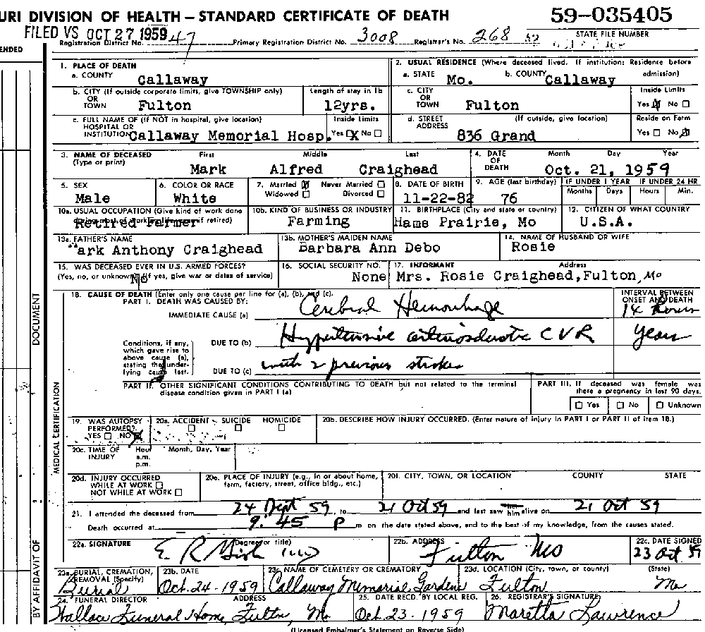 Death Certificate of Craighead, Mark Alfred