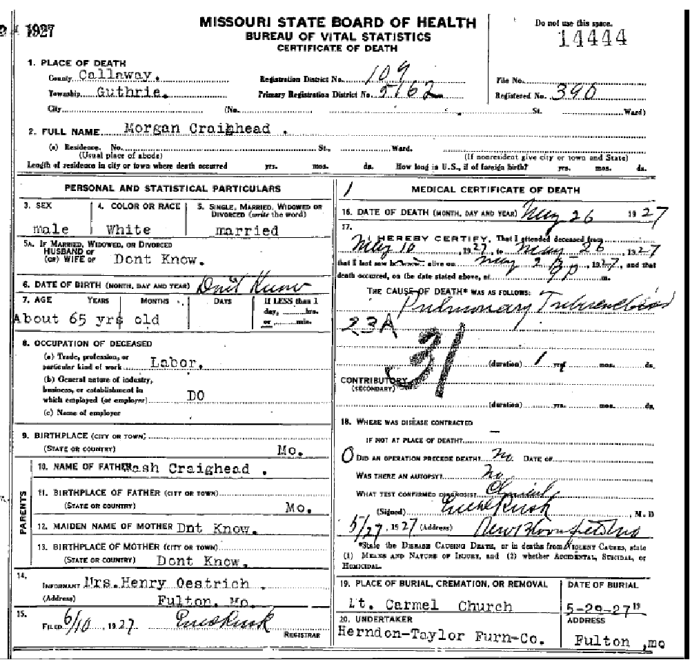 Death certificate of Craighead, Morgan Monroe