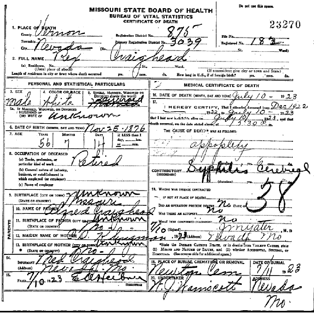 Death certificate of Craighead, Rex Meredith