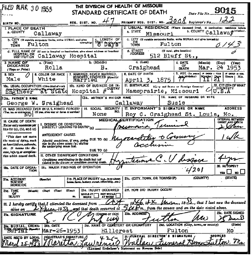 Death certificate of Craighead, Rolla Bates