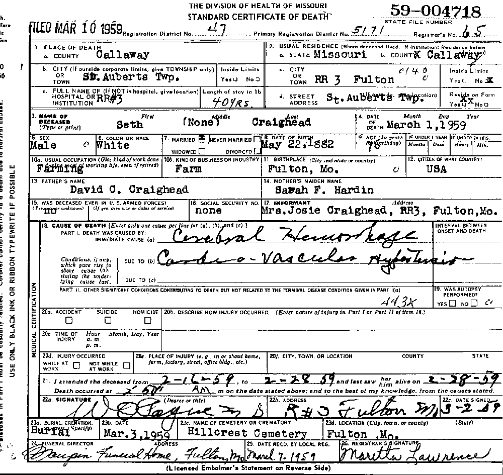 Death Certificate of Craighead, Seth