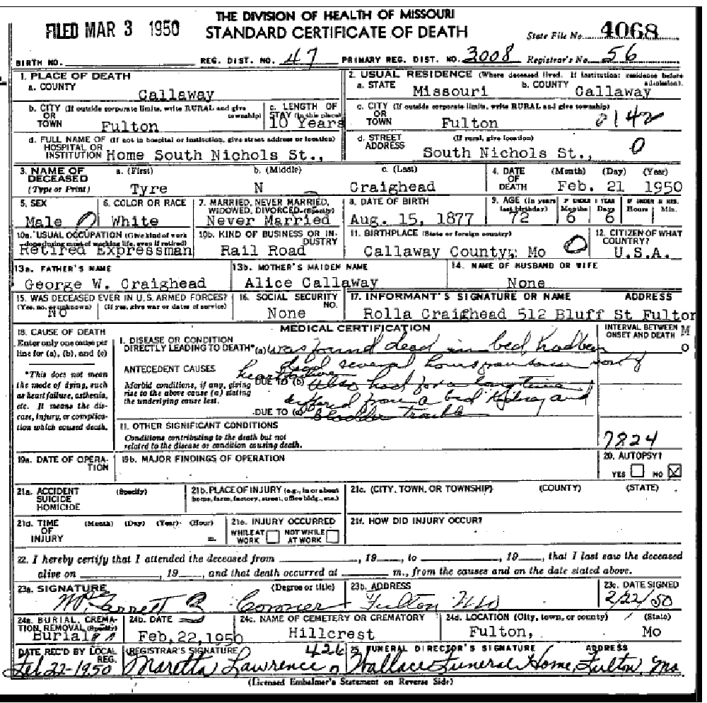 Death certificate of Craighead, Tyre