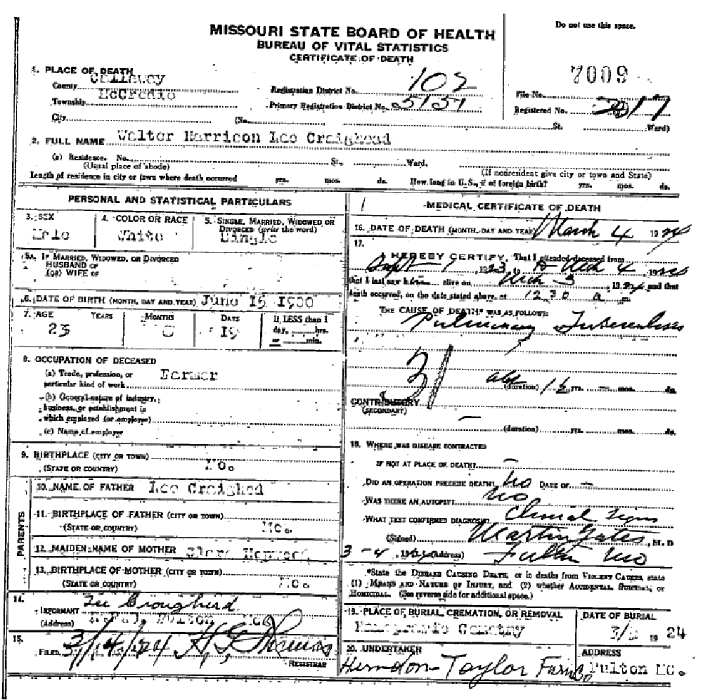 Death certificate of Craighead, Walter Harrison Lee