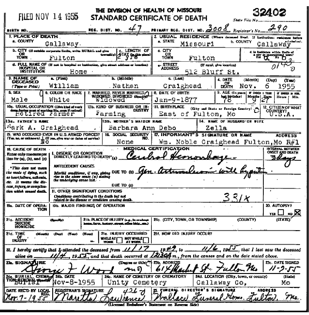 Death certificate of Craighead, William Nathan