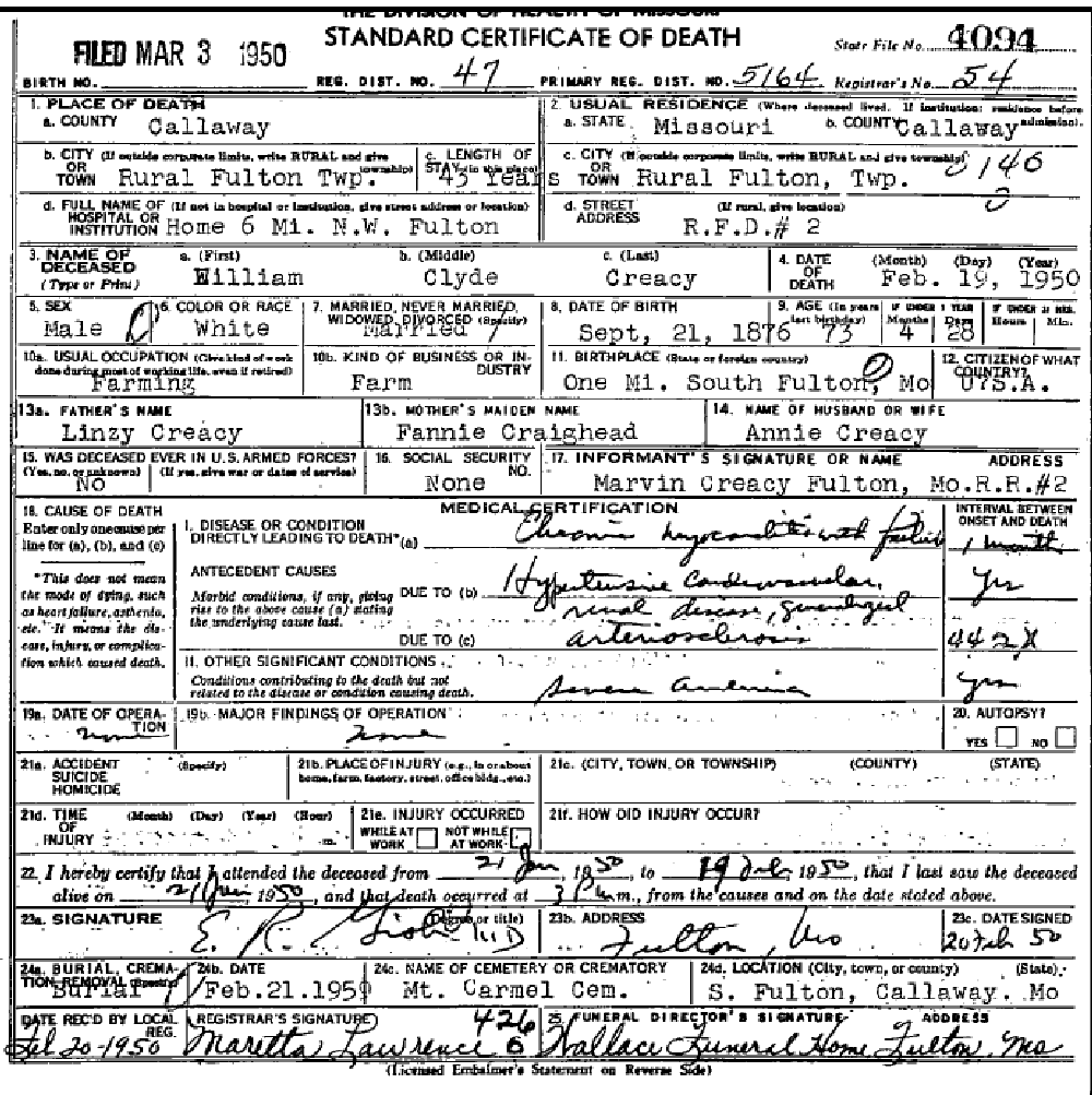 Death certificate of Creasy, William Clyde