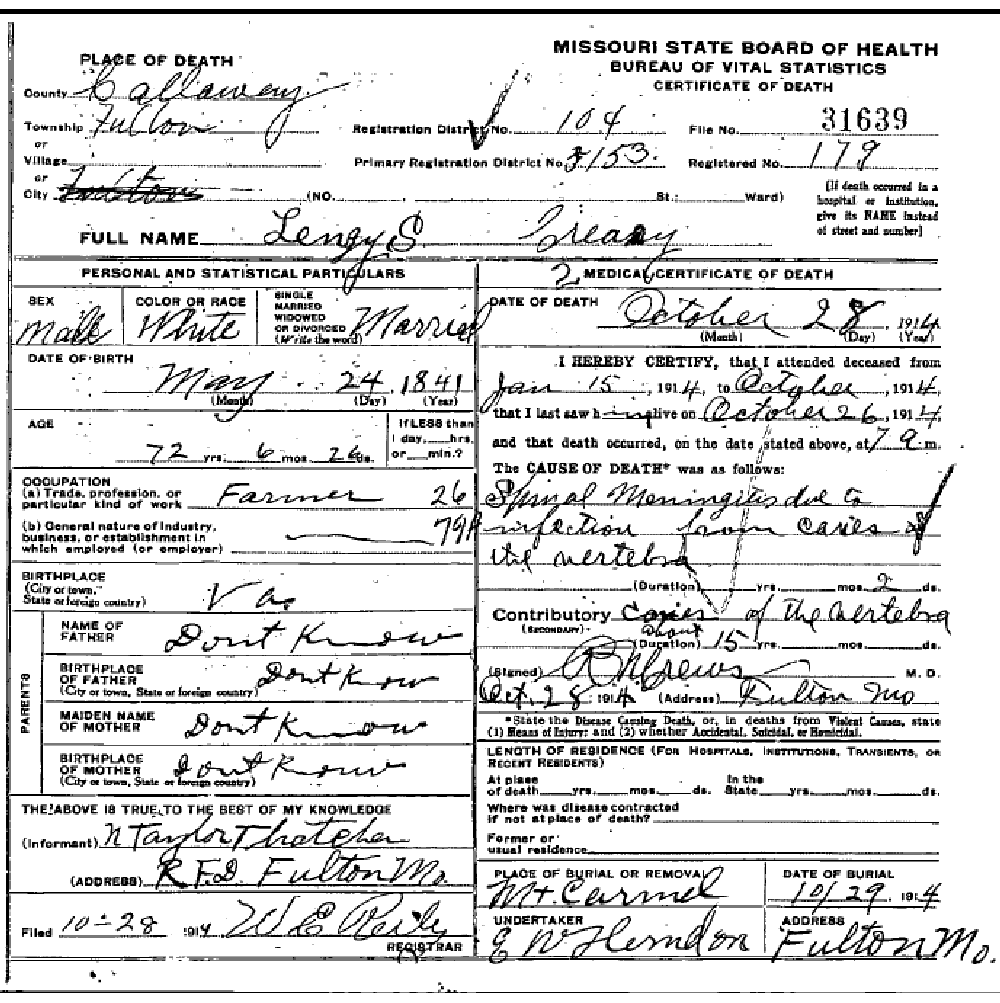 Death certificate of Creasy, Lindsey S.