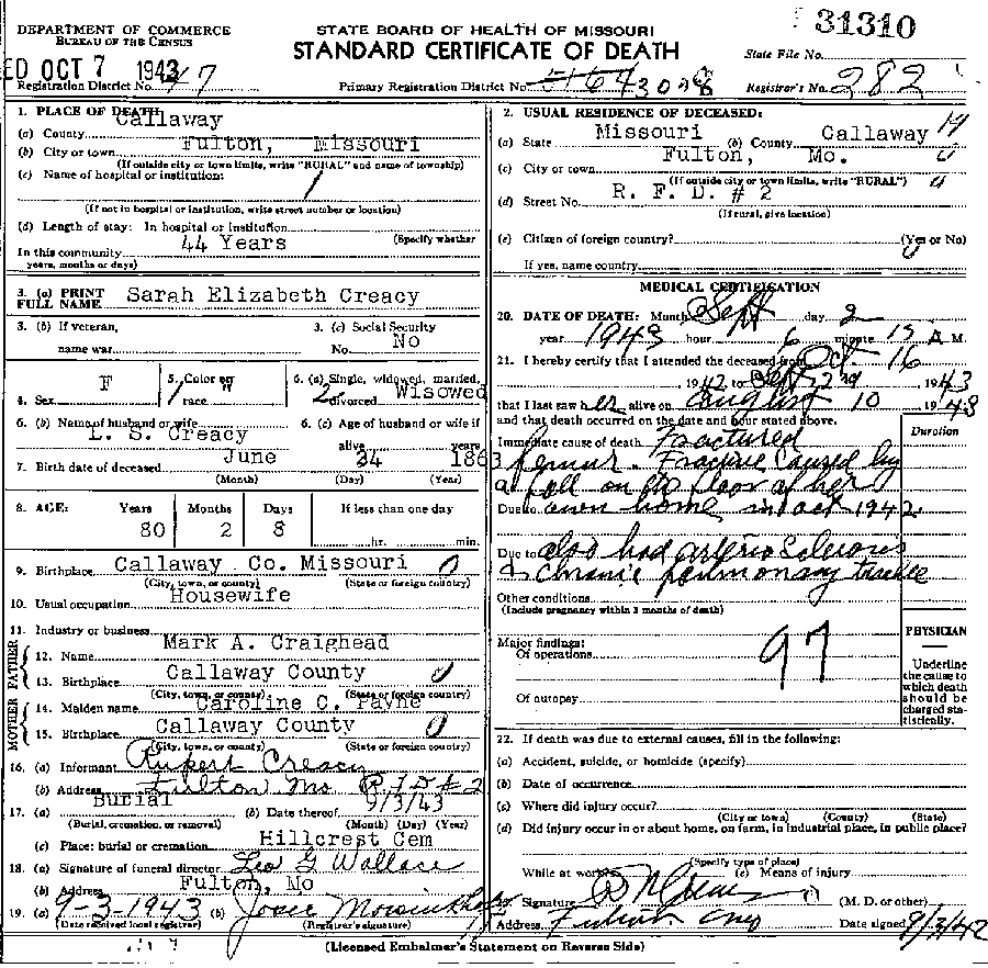 Death Certificate of Creasy, Sarah Elizabeth Craghead