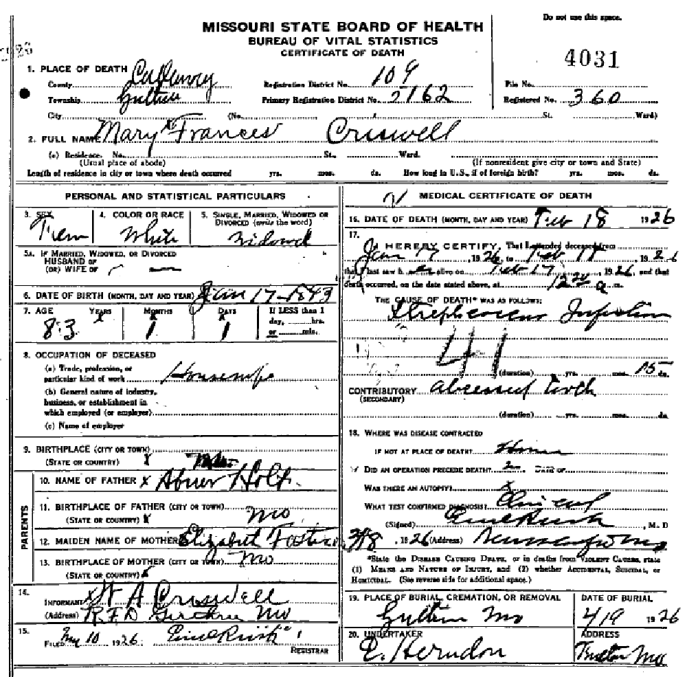 Death certificate of Criswell, Mary Francis Holt