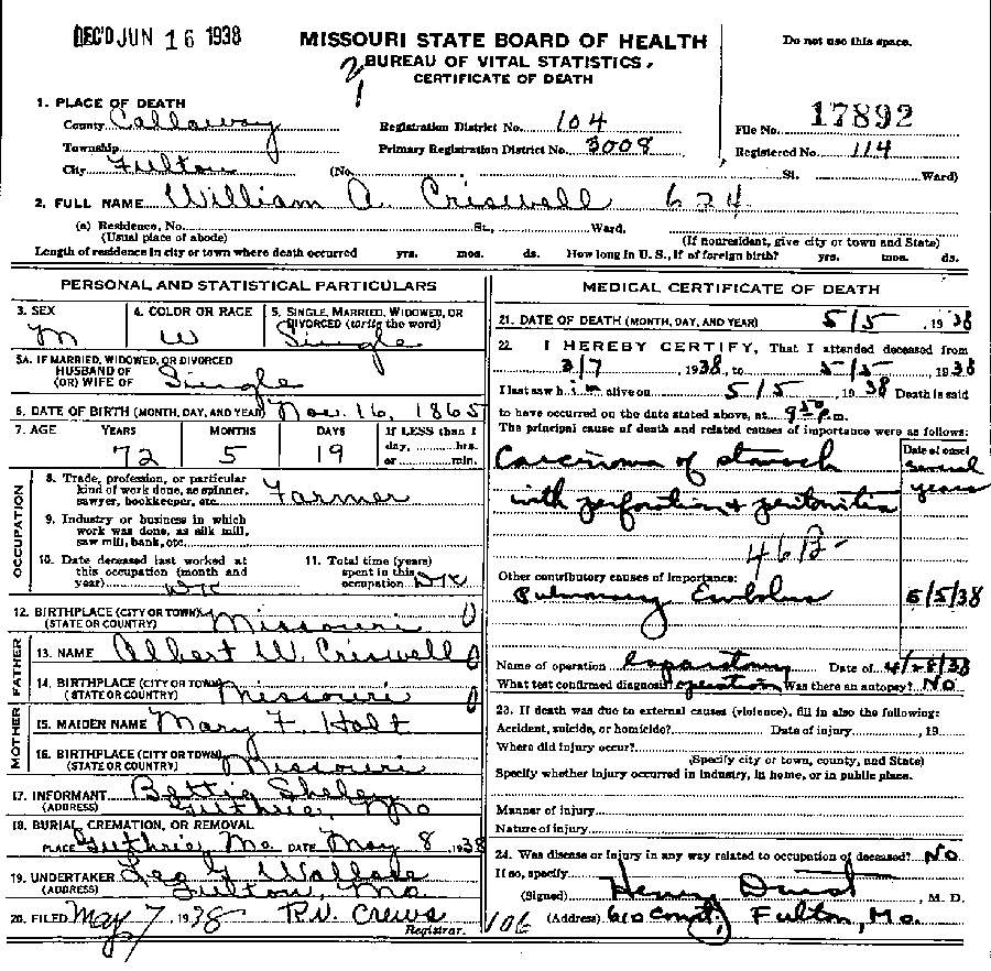 Death Certificate of Criswell, William A.