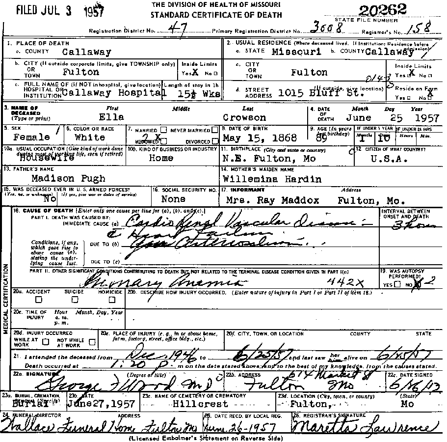 Death Certificate of Crowson, Ella Pugh