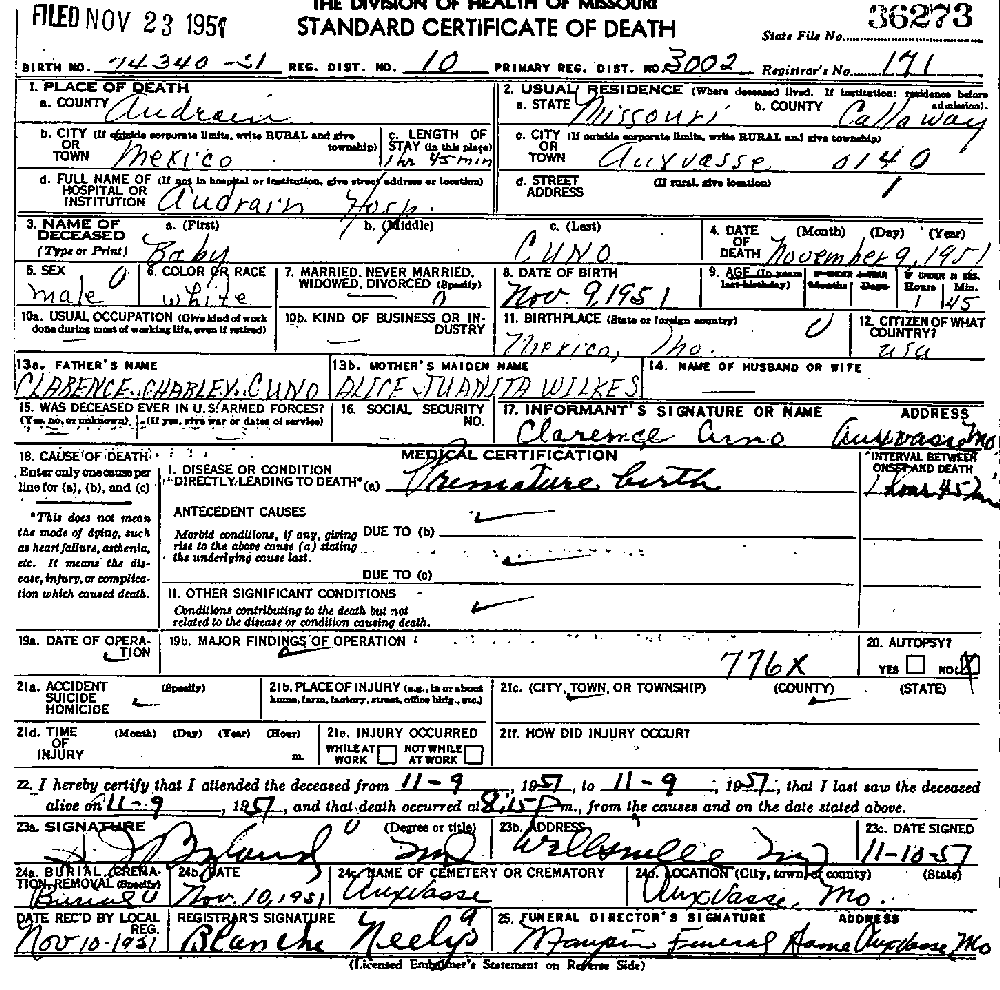 Death Certificate of Cuno, Charles William