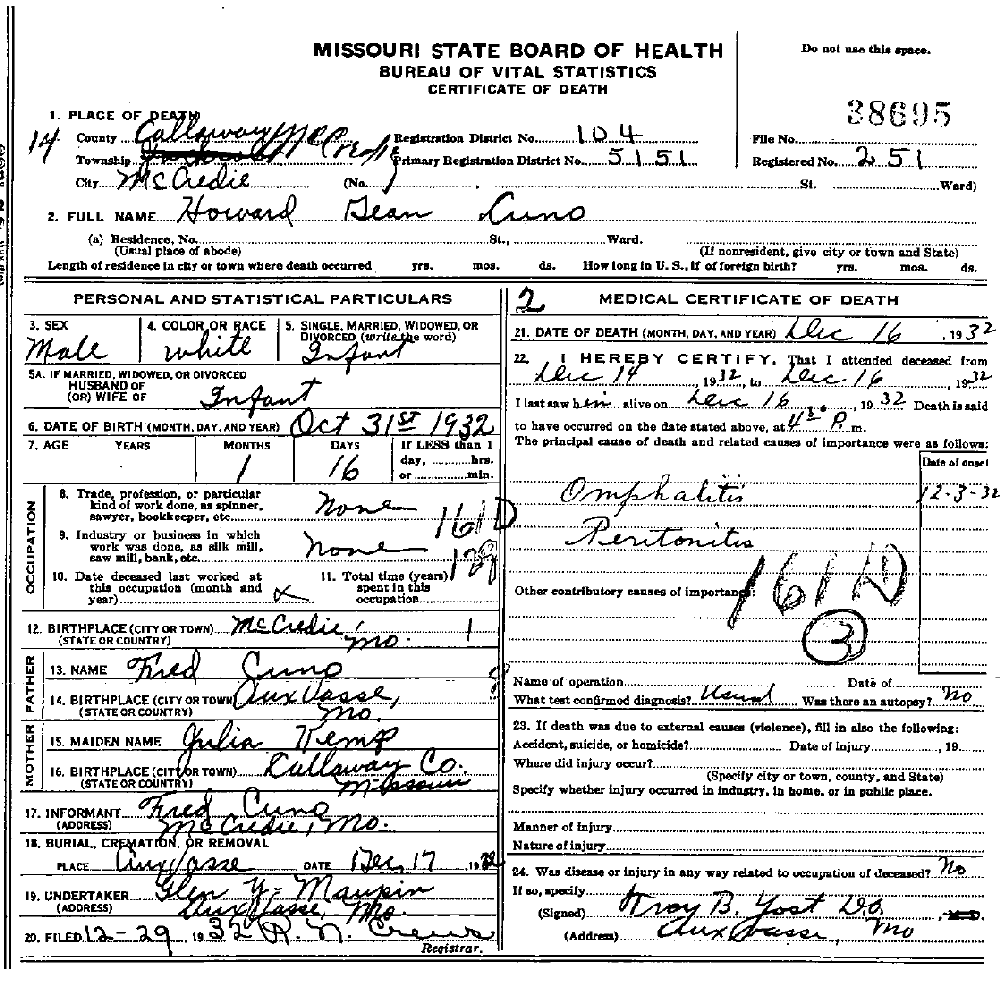Death Certificate of Cuno, Howard Gene