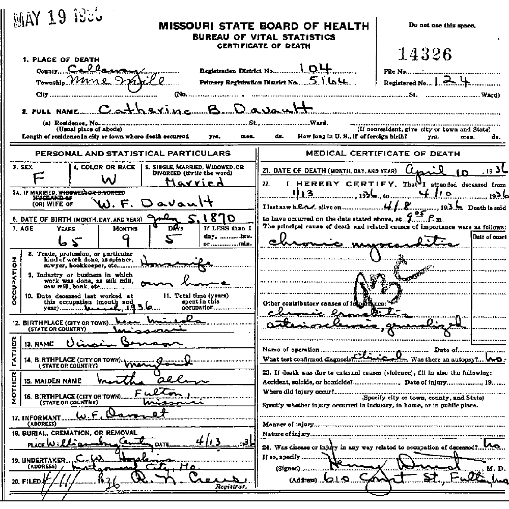 Death Certificate of Davault, Catherine B. Benson