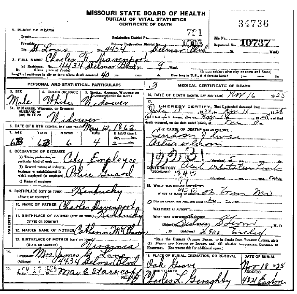 Death certificate of Davenport, Charles F.