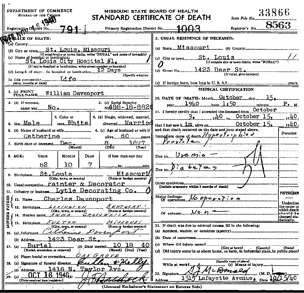 Death Certificate of Davenport, William