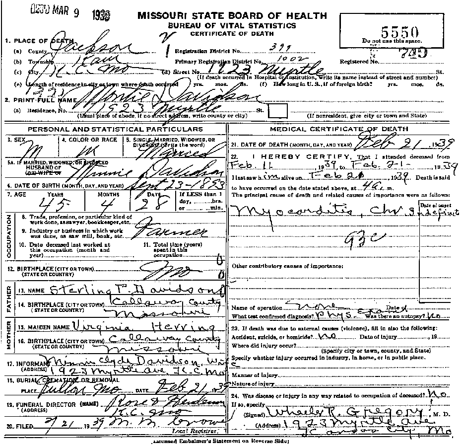 Death Certificate of Davidson, Montie E.