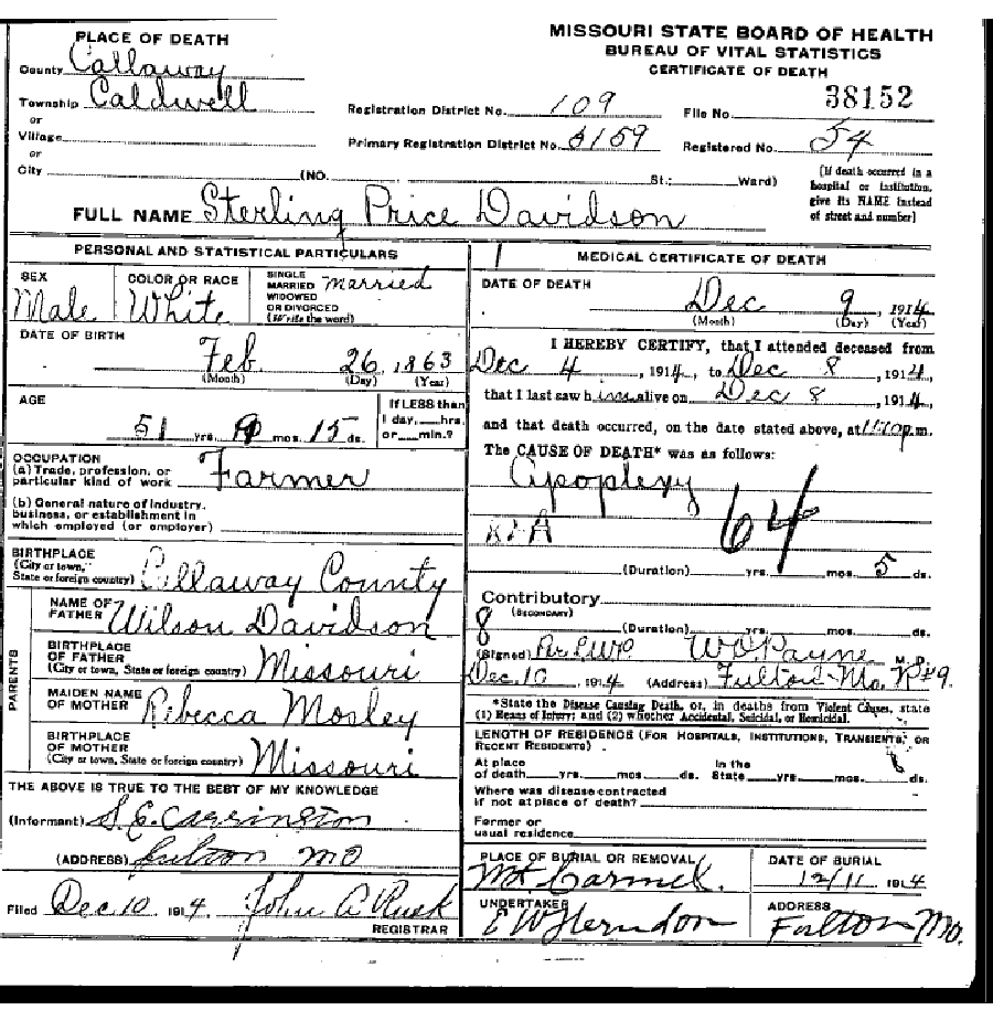 Death certificate of Davidson, Sterling Price