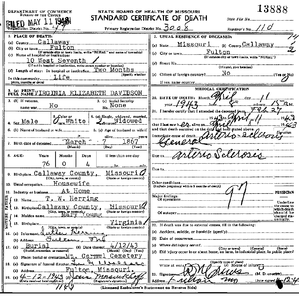 Death Certificate of Davidson, Virginia E. Herring