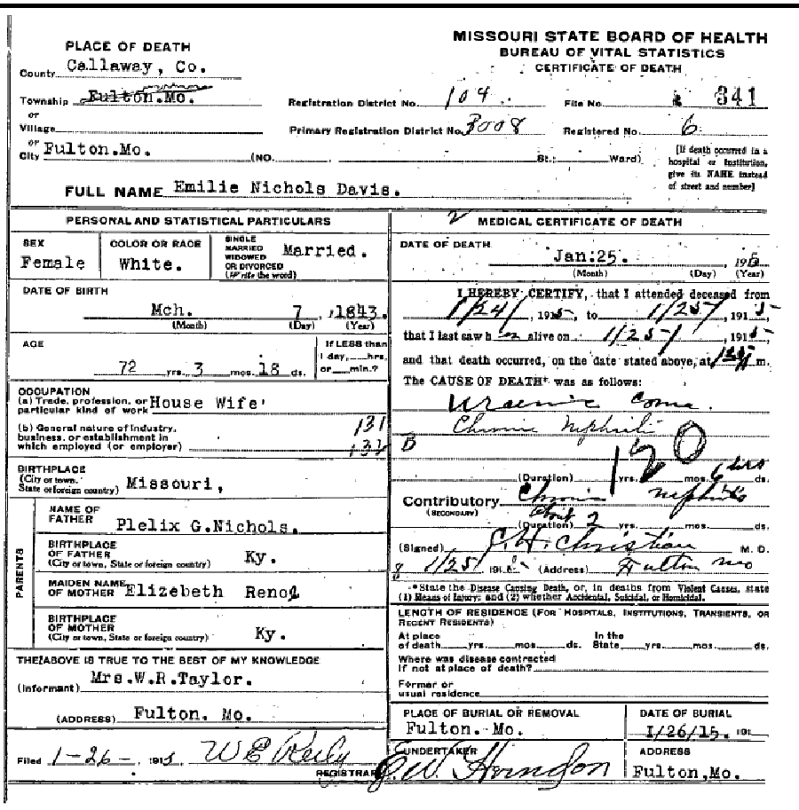 Death certificate of Davis, Emily B. Nichols