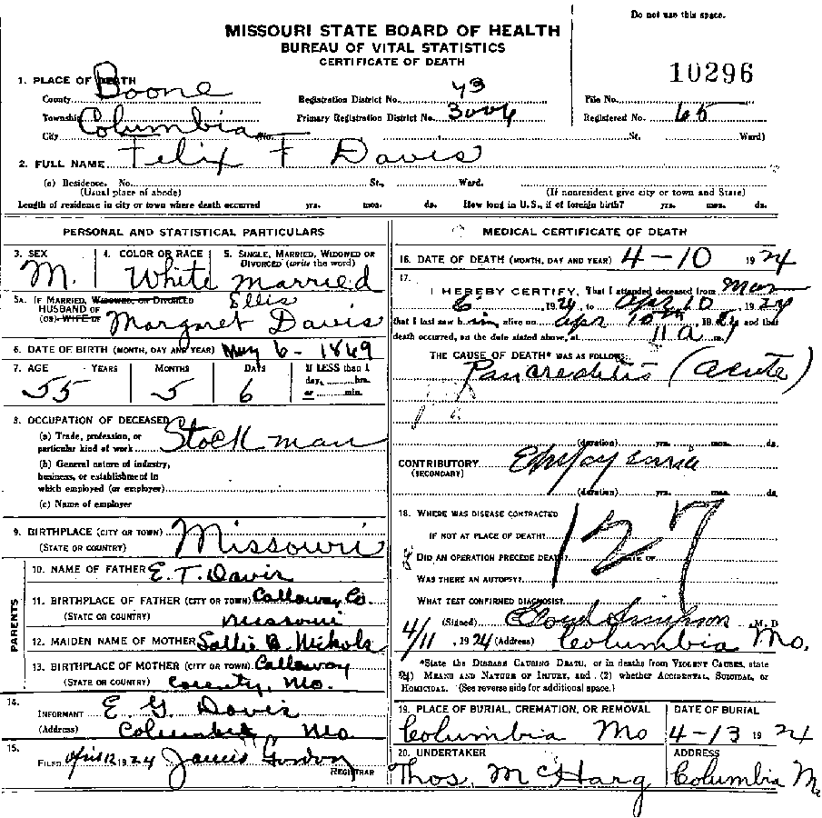 Death Certificate of Davis, Felix F.