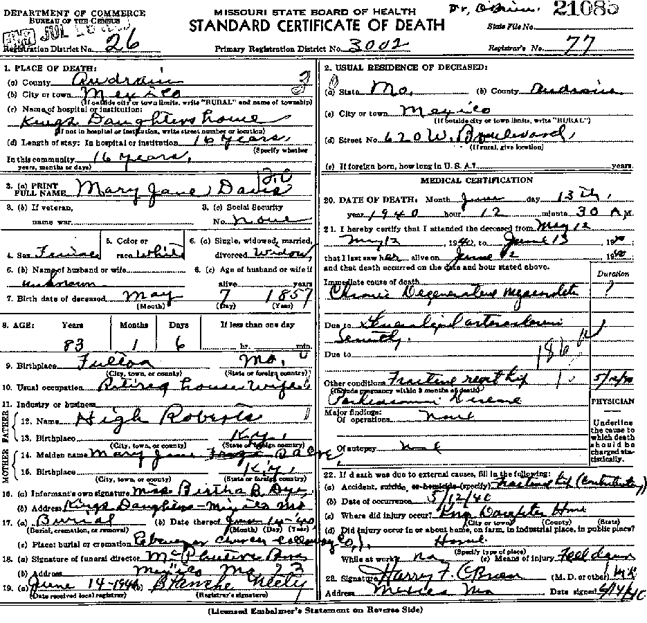 Death Certificate of Davis, Mary Jane Roberts