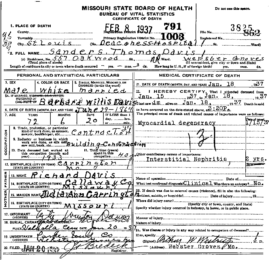 Death Certificate of Davis, Sanders Thomas